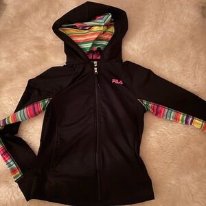 Fila Black hoodie, zip Jacket , perfect condition w/Colorful Stripes, athleisure